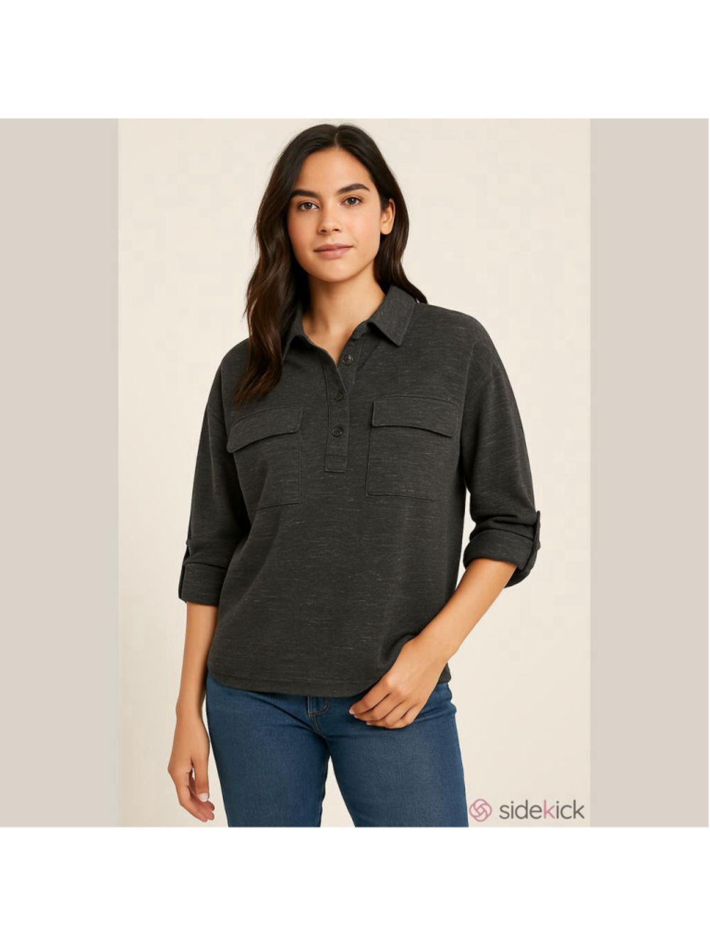 NWT Max Studio Size L Heather Black Linen Blend Roll Tab Utility Blouse